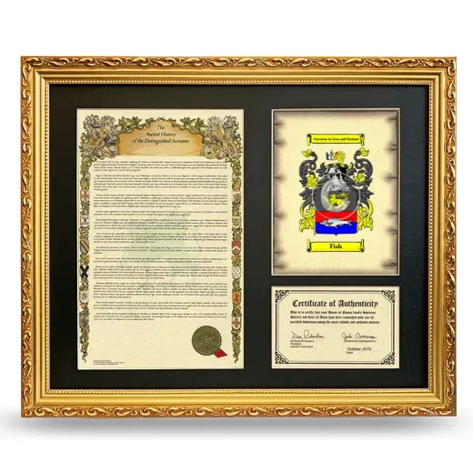 Fish Framed Surname History and Coat of Arms- Gold