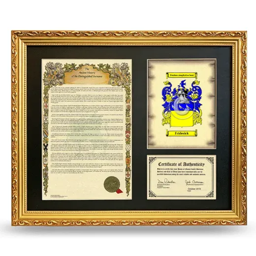 Friderick Framed Surname History and Coat of Arms- Gold