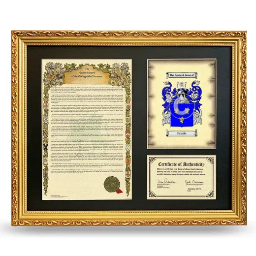 Frude Framed Surname History and Coat of Arms- Gold
