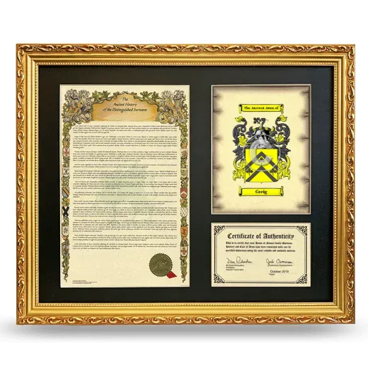 Greig Framed Surname History and Coat of Arms- Gold