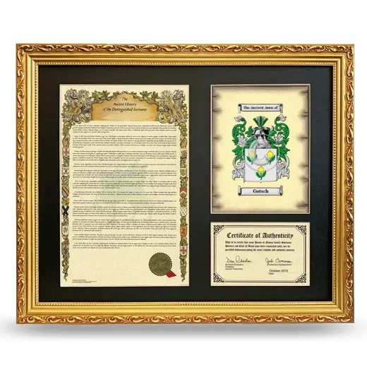 Gutsch Framed Surname History and Coat of Arms- Gold
