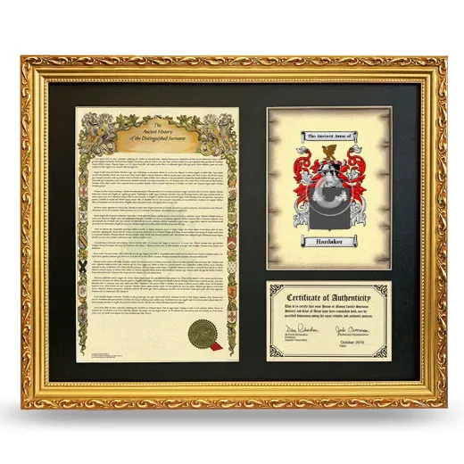 Hardaker Framed Surname History and Coat of Arms- Gold