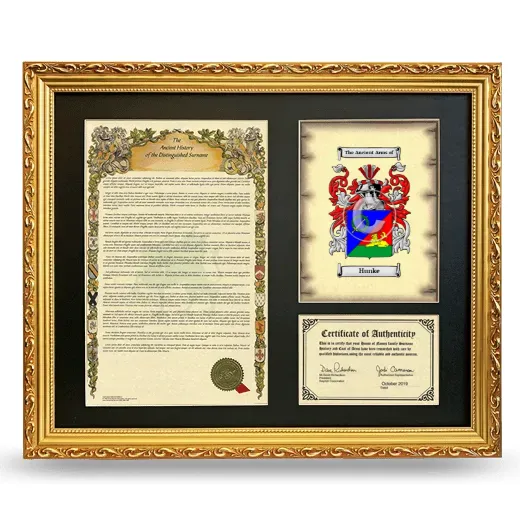 Hunke Framed Surname History and Coat of Arms- Gold
