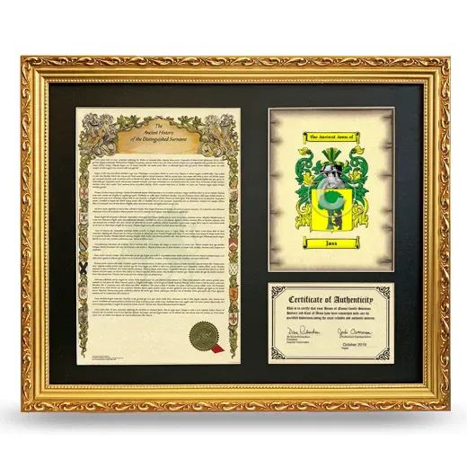 Jass Framed Surname History and Coat of Arms- Gold