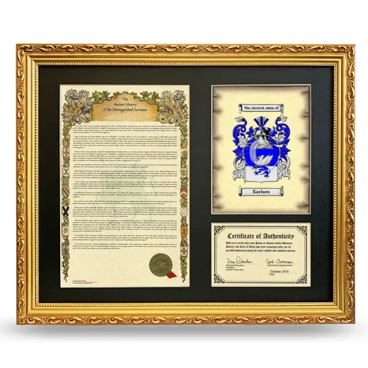 Karlsen Framed Surname History and Coat of Arms- Gold