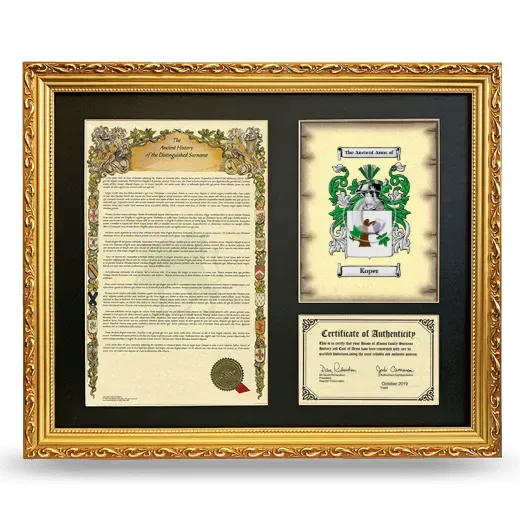 Koper Framed Surname History and Coat of Arms- Gold