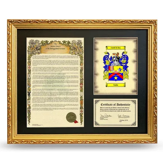 Lain Framed Surname History and Coat of Arms- Gold
