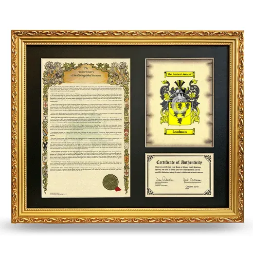 Leadman Framed Surname History and Coat of Arms- Gold