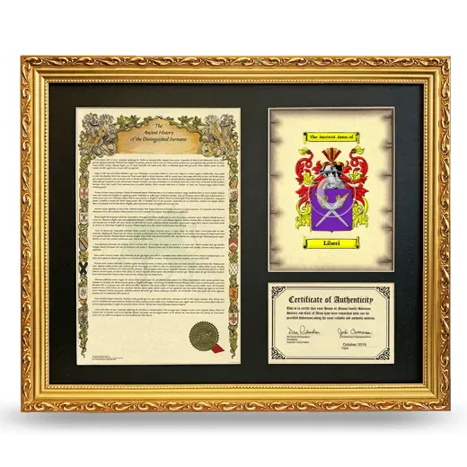 Liberi Framed Surname History and Coat of Arms- Gold