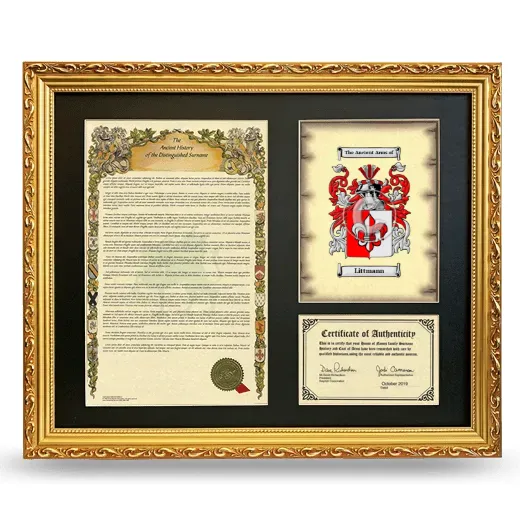 Littmann Framed Surname History and Coat of Arms- Gold