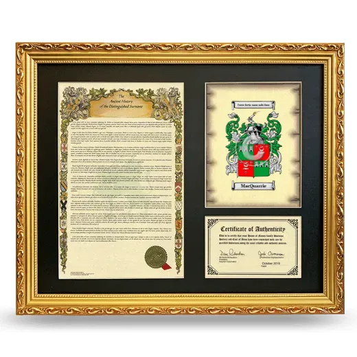 MacQuarrie Framed Surname History and Coat of Arms- Gold