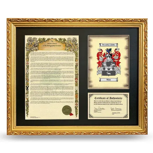 Man Framed Surname History and Coat of Arms- Gold