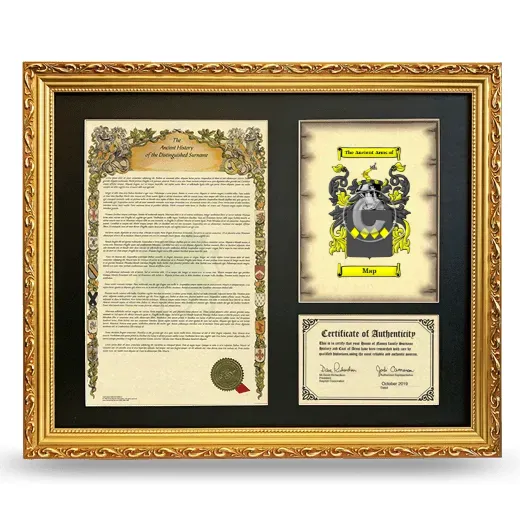 Map Framed Surname History and Coat of Arms- Gold