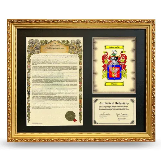 Maras Framed Surname History and Coat of Arms- Gold