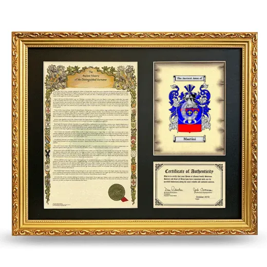 Martini Framed Surname History and Coat of Arms- Gold