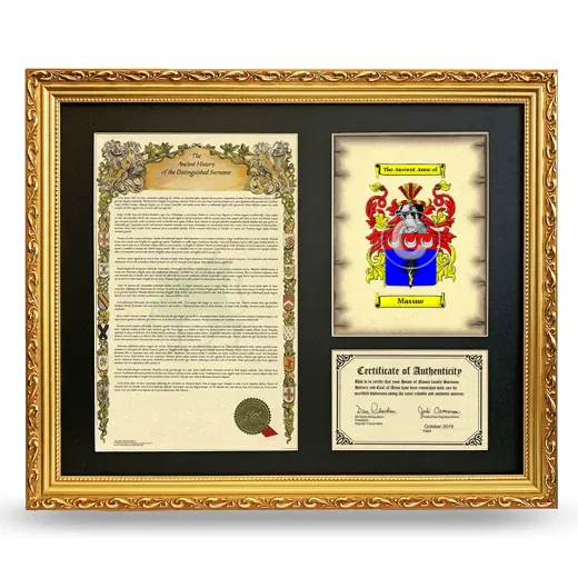 Massue Framed Surname History and Coat of Arms- Gold