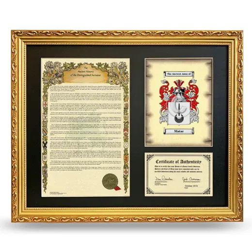 Matar Framed Surname History and Coat of Arms- Gold