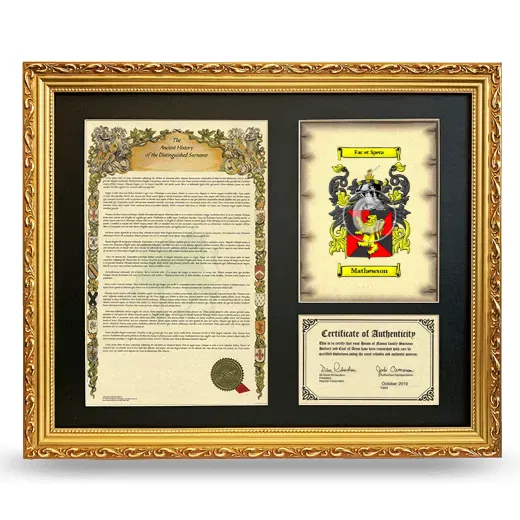 Mathewson Framed Surname History and Coat of Arms- Gold