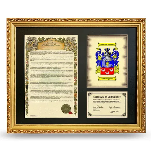 McGloughlin Framed Surname History and Coat of Arms- Gold