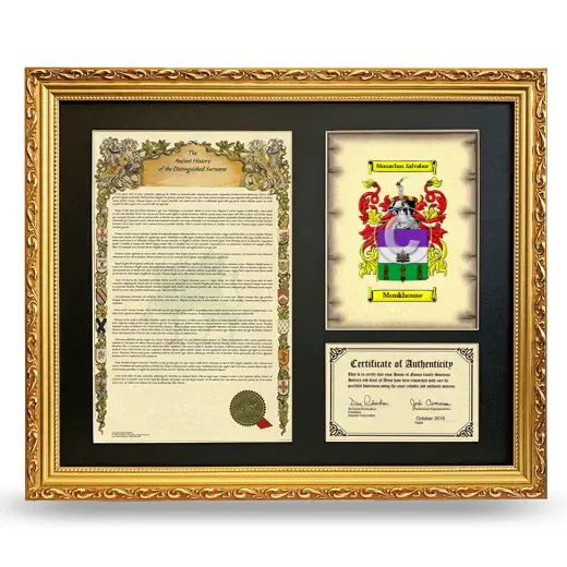 Monkhouse Framed Surname History and Coat of Arms- Gold