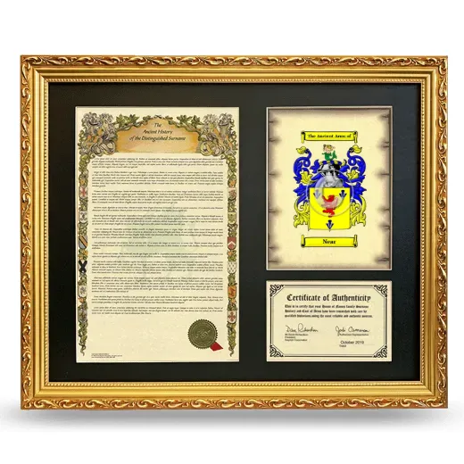 Near Framed Surname History and Coat of Arms- Gold