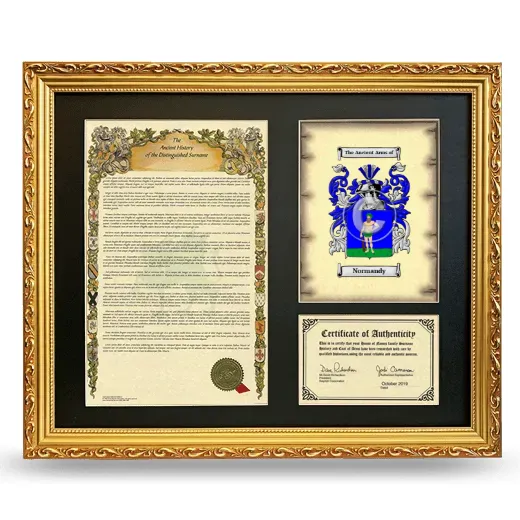 Normandy Framed Surname History and Coat of Arms- Gold