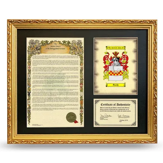 Pardy Framed Surname History and Coat of Arms- Gold