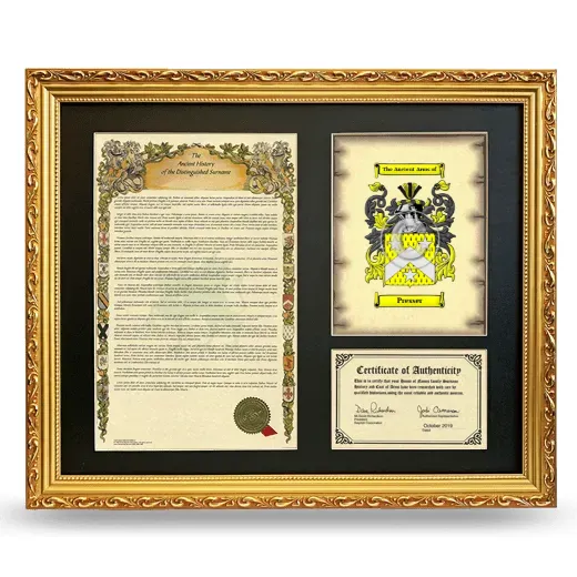 Presser Framed Surname History and Coat of Arms- Gold
