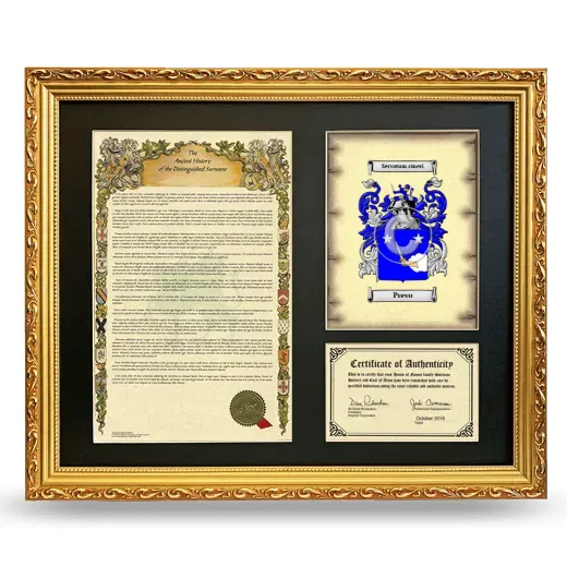 Prevo Framed Surname History and Coat of Arms- Gold