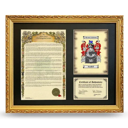 Randoll Framed Surname History and Coat of Arms- Gold