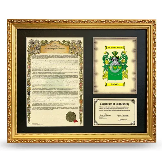 Rodrick Framed Surname History and Coat of Arms- Gold