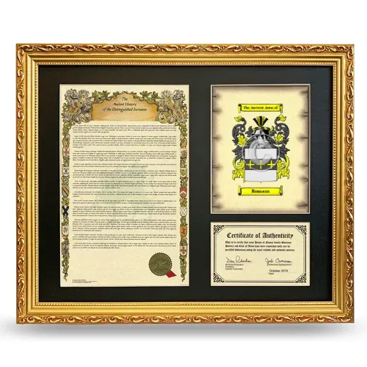 Romans Framed Surname History and Coat of Arms- Gold