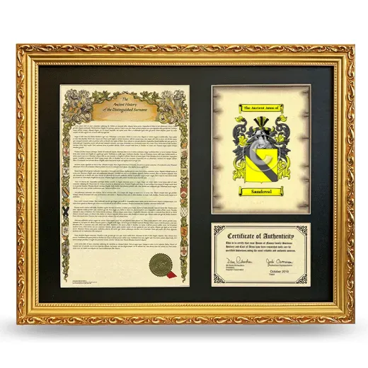 Sandoval Framed Surname History and Coat of Arms- Gold