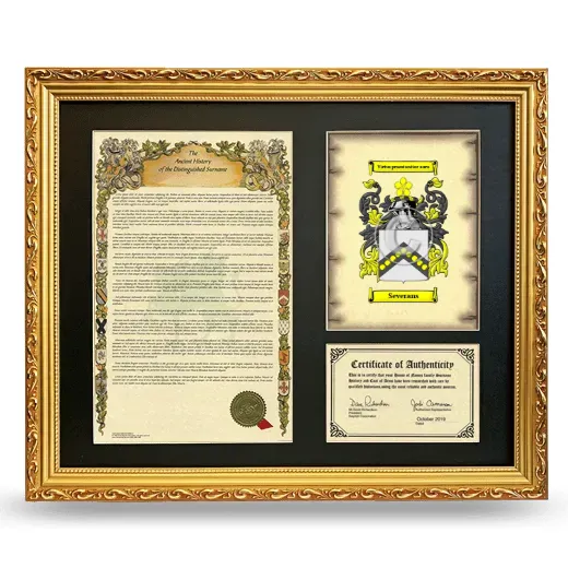 Severans Framed Surname History and Coat of Arms- Gold