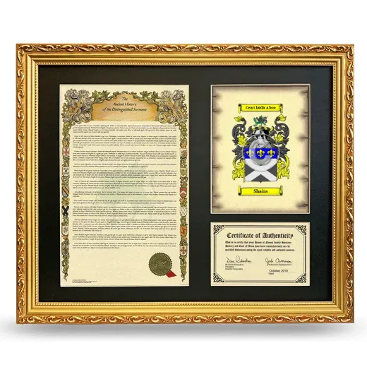 Shaira Framed Surname History and Coat of Arms- Gold