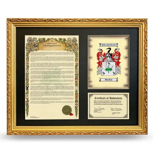 Sharkey Framed Surname History and Coat of Arms- Gold