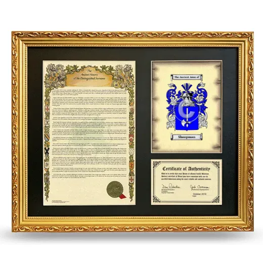 Shoopman Framed Surname History and Coat of Arms- Gold