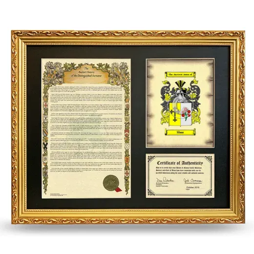 Shur Framed Surname History and Coat of Arms- Gold