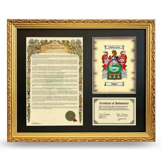 Singer Framed Surname History and Coat of Arms- Gold
