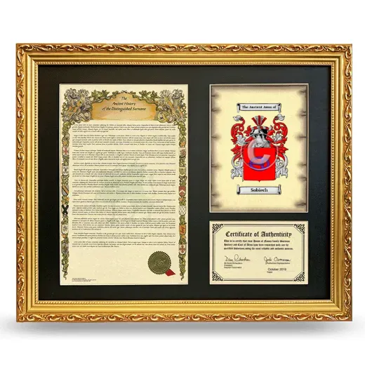Sobiech Framed Surname History and Coat of Arms- Gold