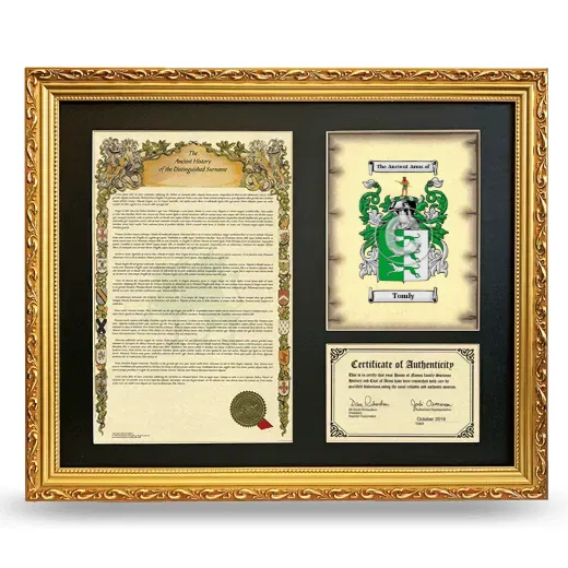 Tomly Framed Surname History and Coat of Arms- Gold