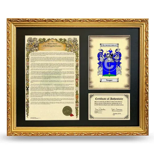 Vesper Framed Surname History and Coat of Arms- Gold