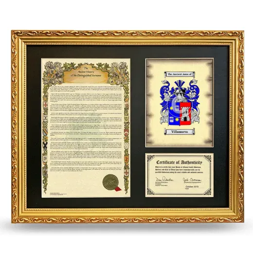 Villanueva Framed Surname History and Coat of Arms- Gold