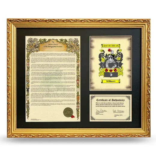 Willimott Framed Surname History and Coat of Arms- Gold