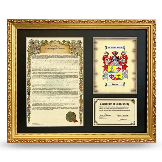 Worst Framed Surname History and Coat of Arms- Gold