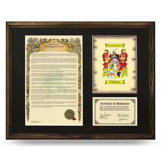 O'Mahoney Framed Surname History and Coat of Arms - Brown