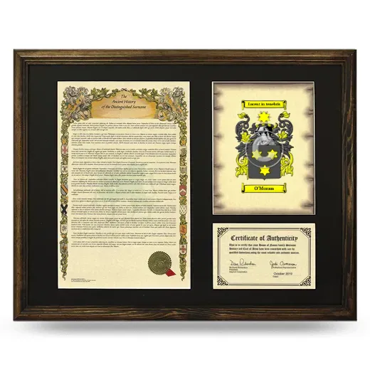 O'Moran Framed Surname History and Coat of Arms - Brown