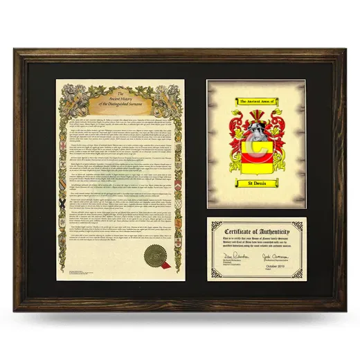 St Denis Framed Surname History and Coat of Arms - Brown