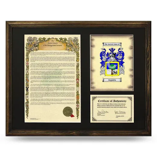 Argueta Framed Surname History and Coat of Arms - Brown