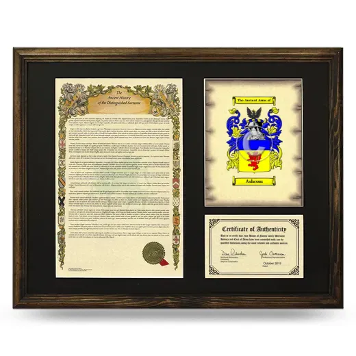 Ashcom Framed Surname History and Coat of Arms - Brown